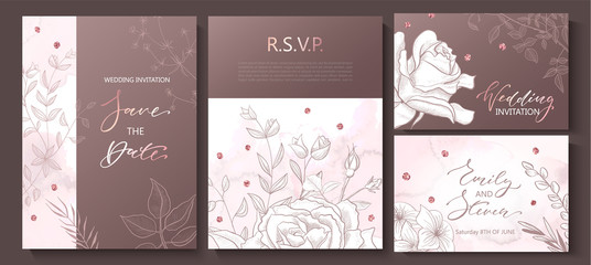 Wedding invitation cards with watercolor texture,hand-drawn flowers and plants,geometric shapes and sequins.Vector illustration.