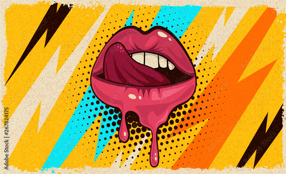Pink, red lips, mouth and tongue  icon on pop art retro vintage colorful background. Trendy and fashion color illustration easy editable for Your design of poster and banner.  - obrazy, fototapety, plakaty 