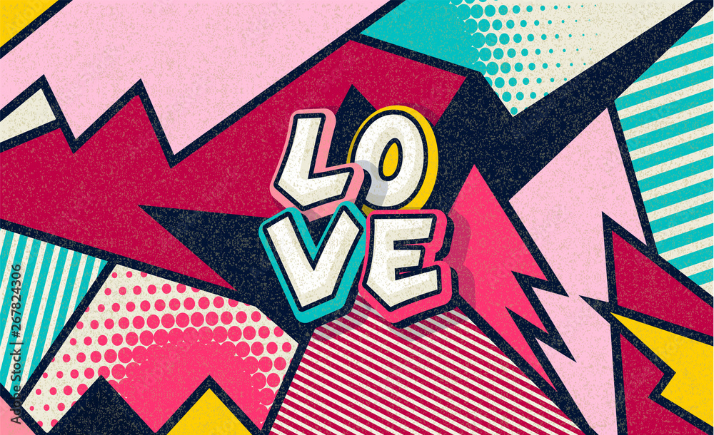 Love! Pop art funny comic word. Fashionable poster and banner. Social Media Connecting Blog Communication Content. Trendy and fashion color retro vintage illustration background. Vector easy editable  - obrazy, fototapety, plakaty 