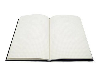 Black notebook, blank graph paper with square lines.it's open both side of two pages in the white and isolated background.