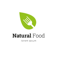 Wall Mural - natural food logo design template with leaf and fork. isolated drawing for use as an icon, logo, ide