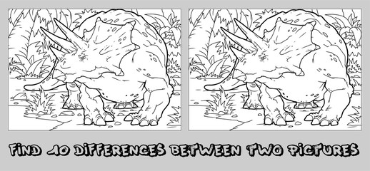 Find the ten differences between the two pictures and Coloring page. Funny cartoon Dinosaur. Puzzle for kids. Hand drawn image. Eps 10