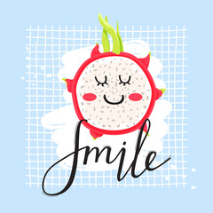 Cartoon cute dragon fruit character in kawaii style. Stylish typography slogan design 