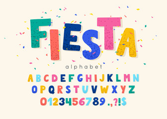 vector font and alphabet. abc, english letters and numbers. fiesta