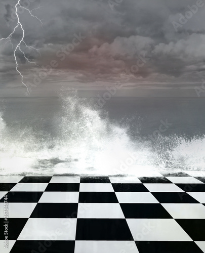 Obraz na plátně Surreal stormy seascape with a chessboard