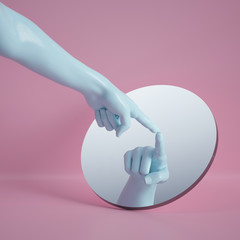 Wall Mural - 3d render, hand reflection in round mirror isolated on pink background, abstract conceptual composition, pointing finger, show gesture, mannequin body part