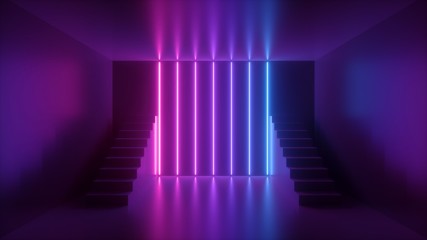 Poster - 3d render, abstract neon background, pink blue glowing light, staircase in dark room