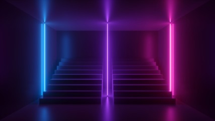 Poster - 3d render, abstract neon background, pink blue glowing light, staircase in dark room