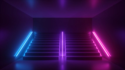 Poster - 3d render, abstract neon background, pink blue glowing light, staircase in dark room