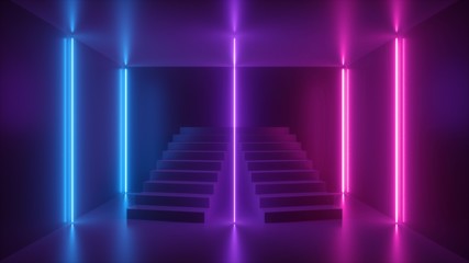 Poster - 3d render, abstract neon background, pink blue glowing light, staircase in dark room
