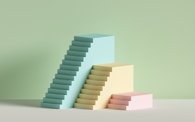3d render, yellow blue pink stairs, steps, abstract background in pastel colors, fashion podium, min