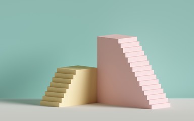 Poster - 3d render, pink stairs, yellow steps, abstract background in pastel colors, fashion podium, minimal scene, architectural block, design element