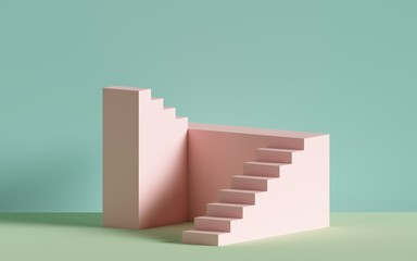 Poster - 3d render, pink stairs, steps, abstract background in pastel colors, fashion podium, minimal scene, architectural block, design element
