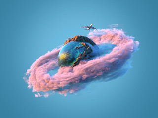 Wall Mural - airplane flies over the small planet
