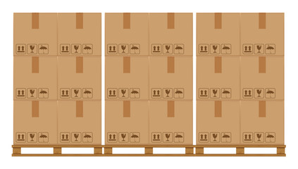 Wall Mural - crate boxes on wooded pallet, wood pallet with cardboard box in factory warehouse storage, flat style warehouse cardboard parcel boxes stack, packaging cargo, 3d boxes brown isolated on white