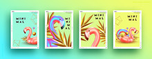 Set Cover Poster Pink Flamingo And 3d Objects Of Different Shapes, Gold Palm Leaves, Geometric Volume Elements. Design Minimal Abstract Background. Trendy Banner, Page Website. Party Style. Flyer Card