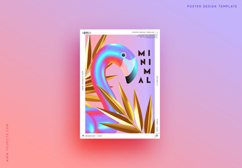 Poster - Minimal Abstract Background with 3d objects, gradient bird flamingo, geometric golden shape palm leaves. Trendy banner, poster, website cover. Summer party style flyer
