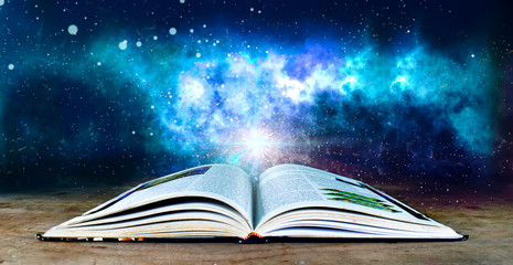text book with background universe