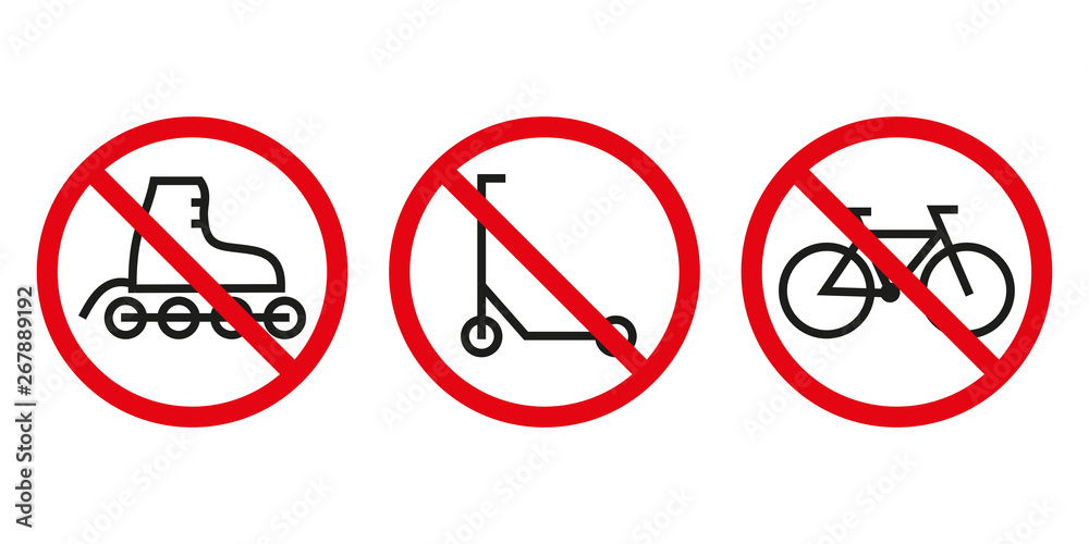 Rolki, hulajnoga i rower. Zestaw znaków zakazu wektor - obrazy, fototapety, plakaty 