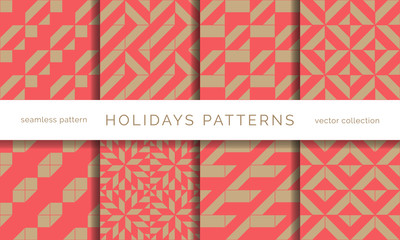 Wall Mural - Set of winter holidays seamless patterns. Merry Christmas and Happy New Year. Collection of simple geometric textured backgrounds with red and golden colors. Vector illustration. EPS 10