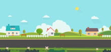 Beautiful Nature Landscape With Houses, Bench And Fences Background.Home With Green Hills And Blue Sky.Public Park With Nature And Street.Vector Illustration.Rural Scene With Home On Street