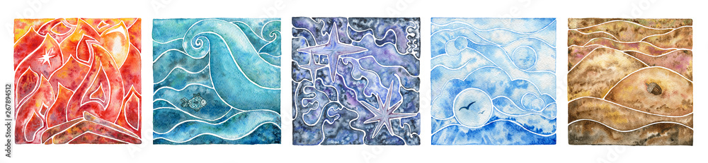 Five natural elements: fire, water, ether, air and earth. Abstract mosaic composition with natural elements. Watercolor illustration set. - obrazy, fototapety, plakaty 