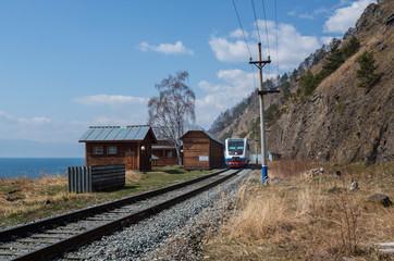 Wall Mural - Rail bus on the Circum-Baikal Road to the south of Lake Baikal 