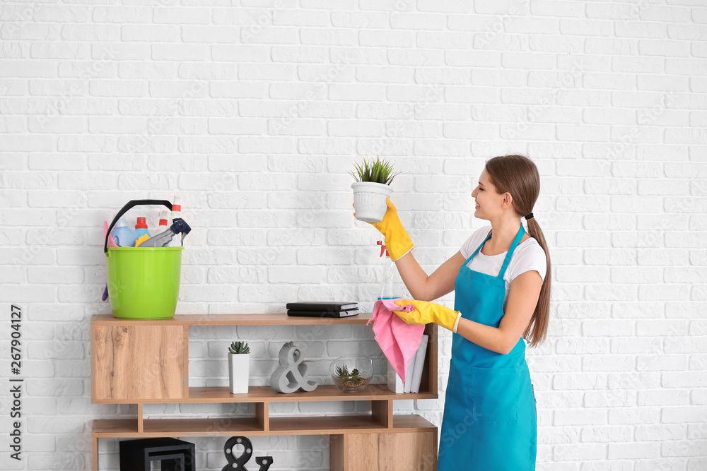 Female janitor cleaning flat