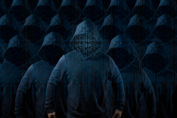 Anonymous computer hacker over abstract digital background. Obscured dark face in mask and hood. Data thief, internet attack,