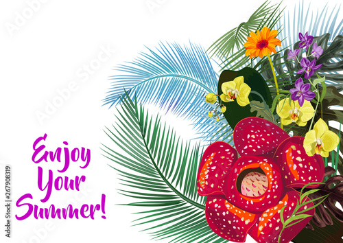 Templates vacation invitation, horizontal card: Rafflesia, gerbera, purple De...