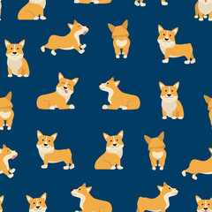 Poster - Cartoon Characters Welsh Corgi Seamless Pattern Background. Vector