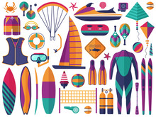 Water Sports Icons Set. Sea Summer Activity And Beach Sport Games Elements. Windsurfing, Jet Skiing, Scuba Diving And Other Sea Activities.