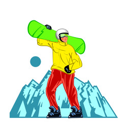 Wall Mural - Cartoon style male character with snowboard and mountain in background.