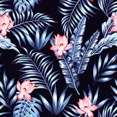 Wall Mural - Blue tropical leaves pink flowers black background