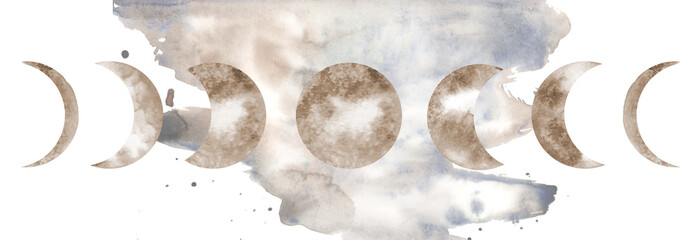  brown watercolor moon and the month, on a watercolor background new moon, full moon, month