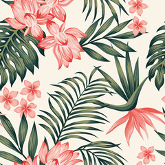 Wall Mural - Tropical composition leaves flowers white background seamless pattern