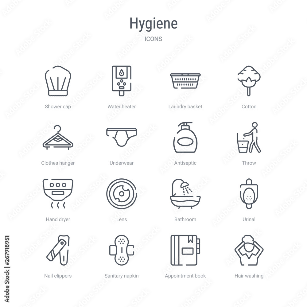 set of 16 hygiene concept vector line icons such as hair washing ...