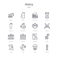 Wall Mural - set of 16 history concept vector line icons such as mummy, skull, ruler, greek, bone, foot print, columns, pantheon. 64x64 thin stroke icons