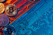 golden bitcoin and computer chip in background
