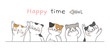 Draw banner cute cat with word happy time.
