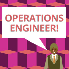 Poster - Text sign showing Operations Engineer. Business photo text analyze and design operation that will improve work flow Businessman Smiling and Talking with Blank Rectangular Color Speech Bubble