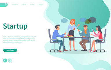 Wall Mural - People sitting on conference vector, coworkers brainstorming startup ideas. Collaboration of men and women, meeting of professionals and experts. Website or webpage template, landing page flat style