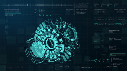 Fototapete - Advance motion graphic futuristic user interface head up display screen with Holographic electromagnetic engine with gravitational fields energy particles wave and digital data telemetry information