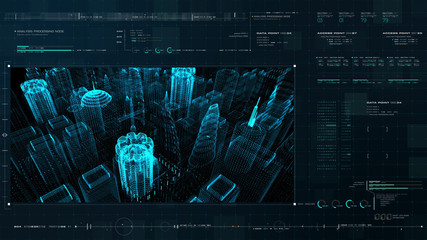 Leinwandbilder - Futuristic motion graphic user interface head up display screen with digital holographic city telemetry information display for digital background computer desktop display screen