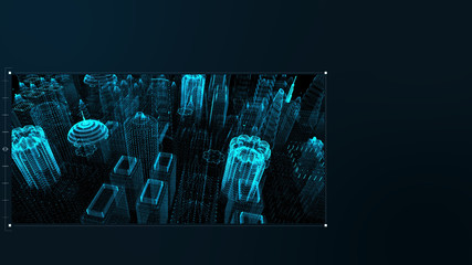 Fototapete - Futuristic motion graphic user interface head up display screen with digital holographic city telemetry information display for digital background computer desktop display screen