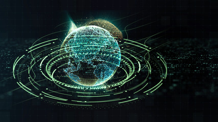 Poster - Futuristic motion graphic user interface head up display screen with Holographic Earth and digital data telemetry information display for digital background computer desktop display screen