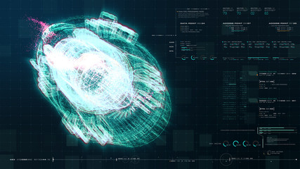 Poster - Advance motion graphic futuristic user interface head up display screen with Holographic electromagnetic engine with gravitational fields energy particles wave and digital data telemetry information