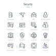 © zaurrahimov - set of 16 security concept vector line icons such as candles light, lifesaving, protected cit card, unlocked security of cit transaction, euro currency security shield, two dollar bills, black