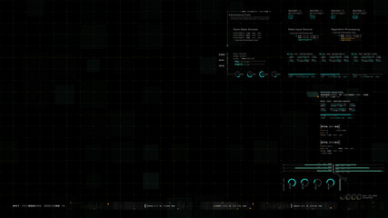 Poster - Futuristic source code digital data telemetry motion graphic display screen with user interface display for digital background computer desktop display screen