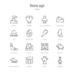 set of 16 stone age concept vector line icons such as troglodyte, pottery, dolmen, saber toothed tiger, mammoth, roast chicken, rock art, boomerang. 64x64 thin stroke icons